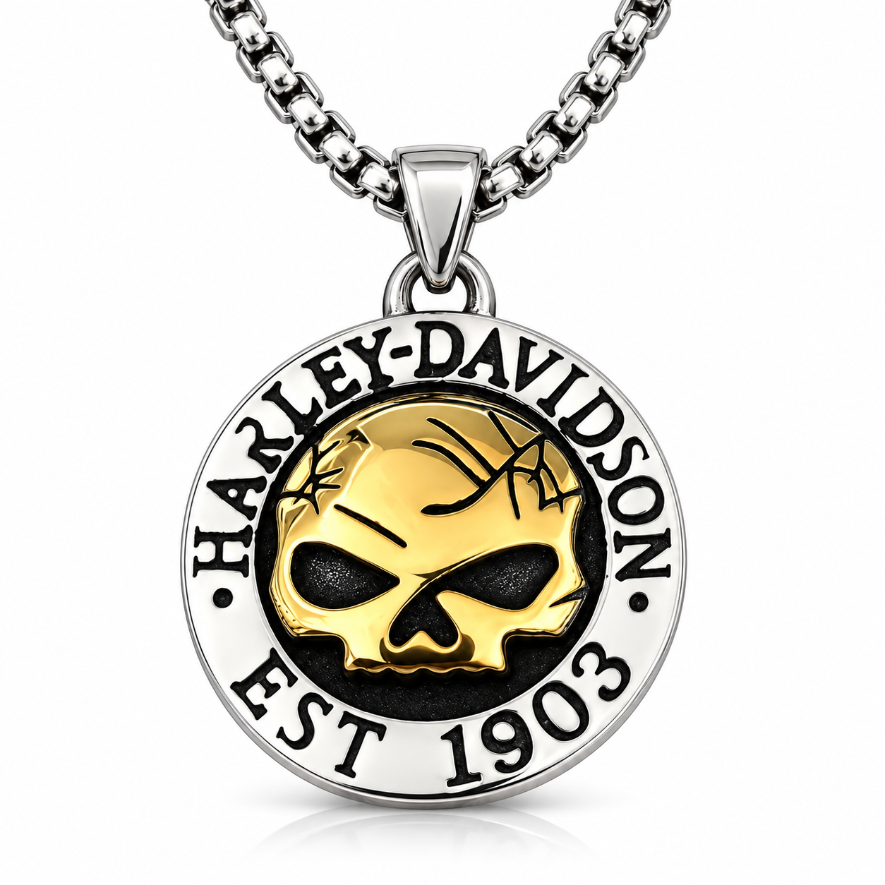 Gold Skull Round Pendant motorcycle rider inspired jewelry