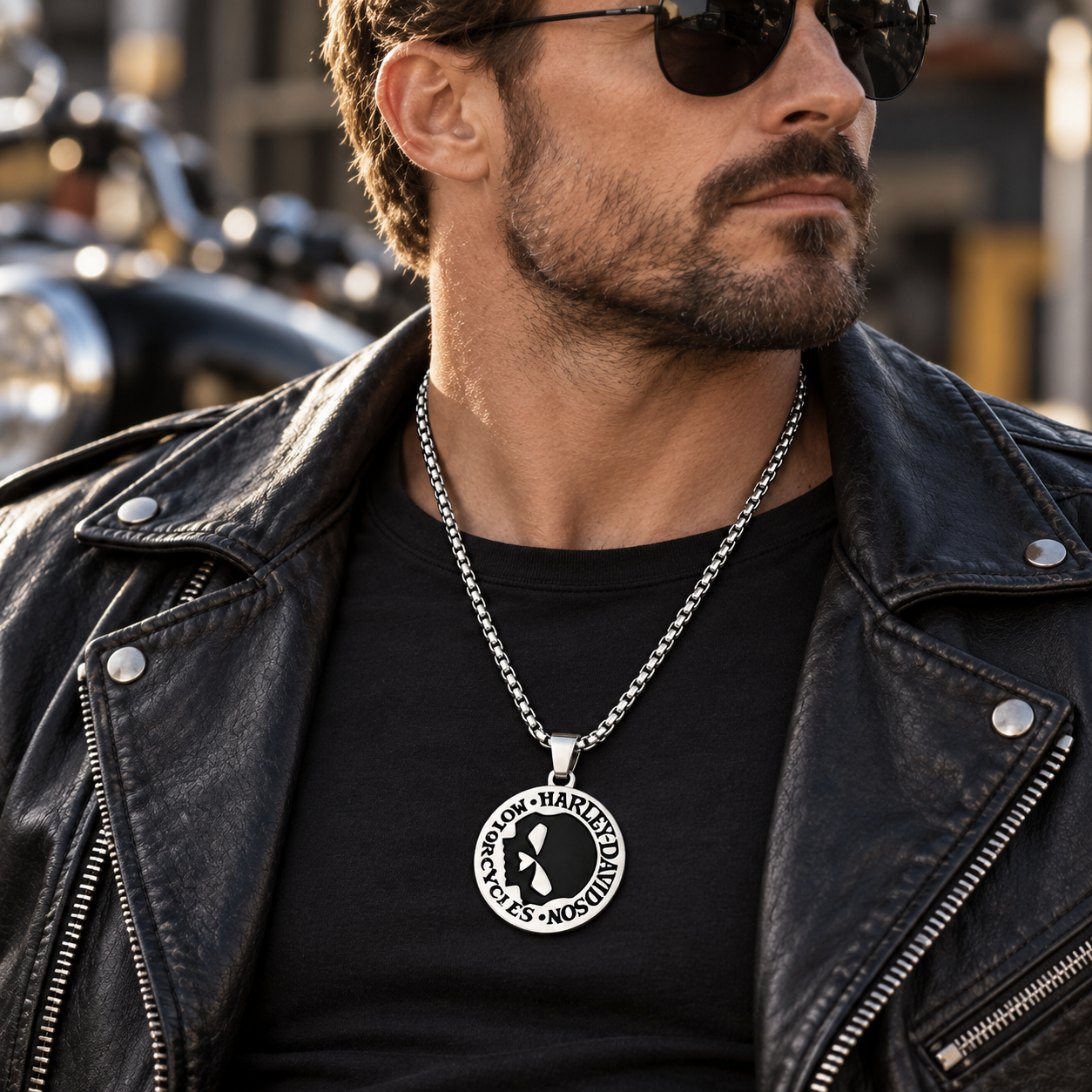AI-generated biker jewelry lifestyle concept; illustrative only, product details may differ
