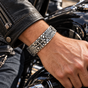 Ornate cuff biker bracelet in black box
