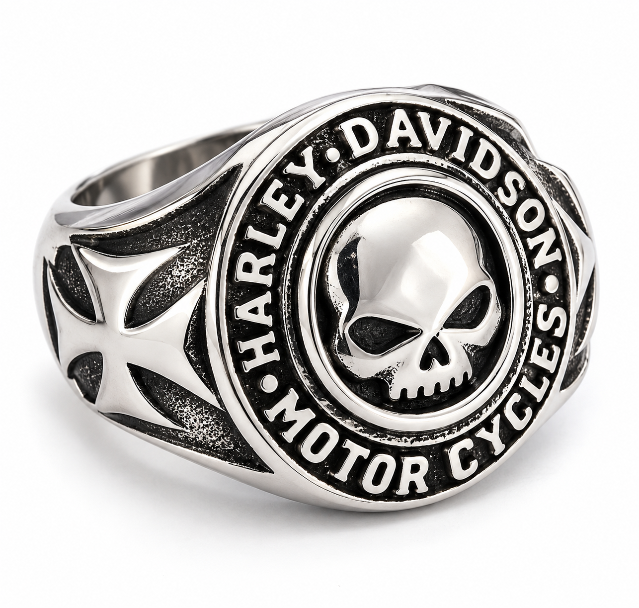 Skull crest biker signet ring on a neutral background