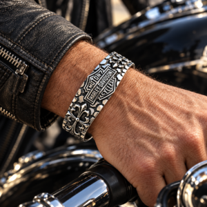 Skull motif biker cuff in black box