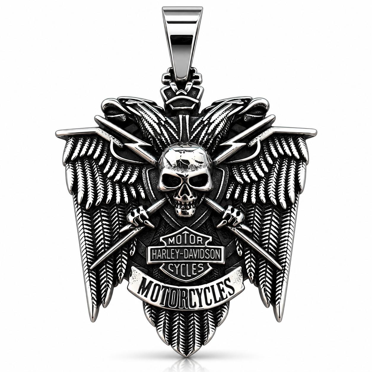 Close-up of a winged skull biker pendant showing relief and surface finish